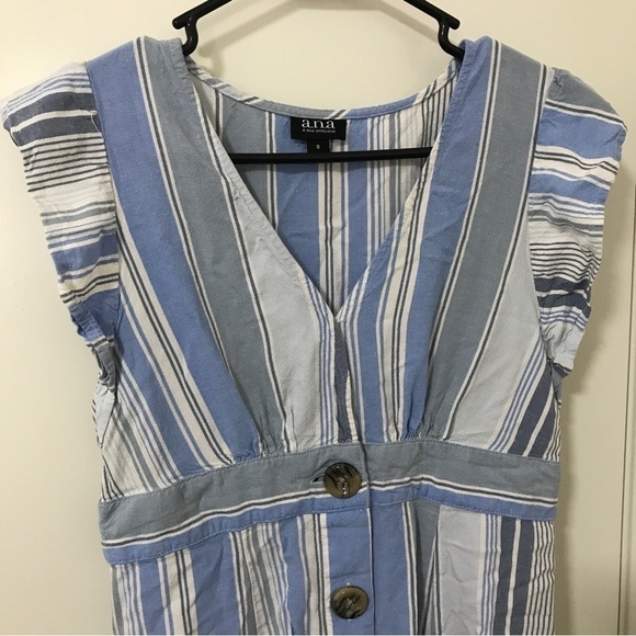 A.n.a. Linen blend blue stripe ruffle sleeve midi dress - Picture 3 of 9
